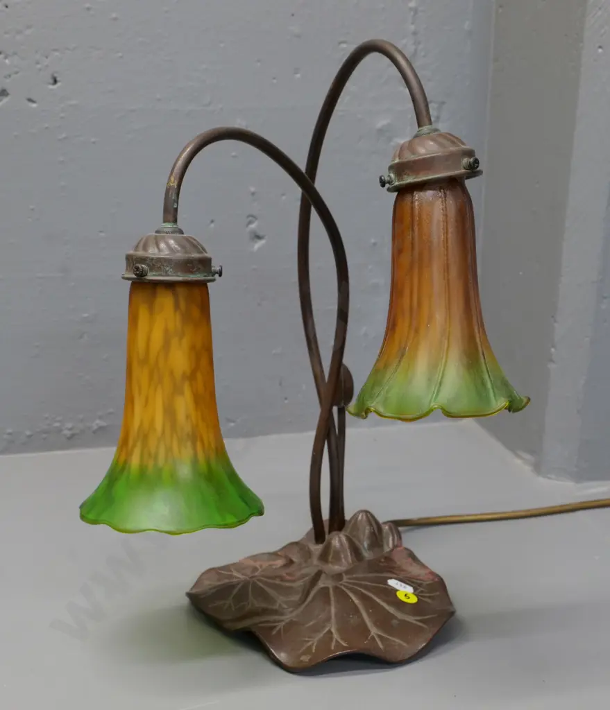 reproduction deco style waterlily table lamp with orange and green shades - some discolouration to top of base H-370 Image 1++