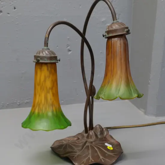 reproduction deco style waterlily table lamp with orange and green shades - some discolouration to top of base H-370