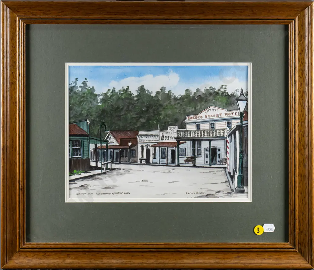 Phyllis Munro - framed watercolour "Shany Town, Greymouth, Westland" H-200 W-270 Image 1++