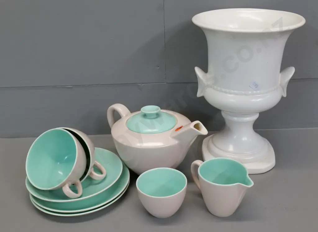 Poole tea for two minus one saucer and a white urn vase marked 2077 (Crown Lynn? Beswick?) H-240 Image 1++