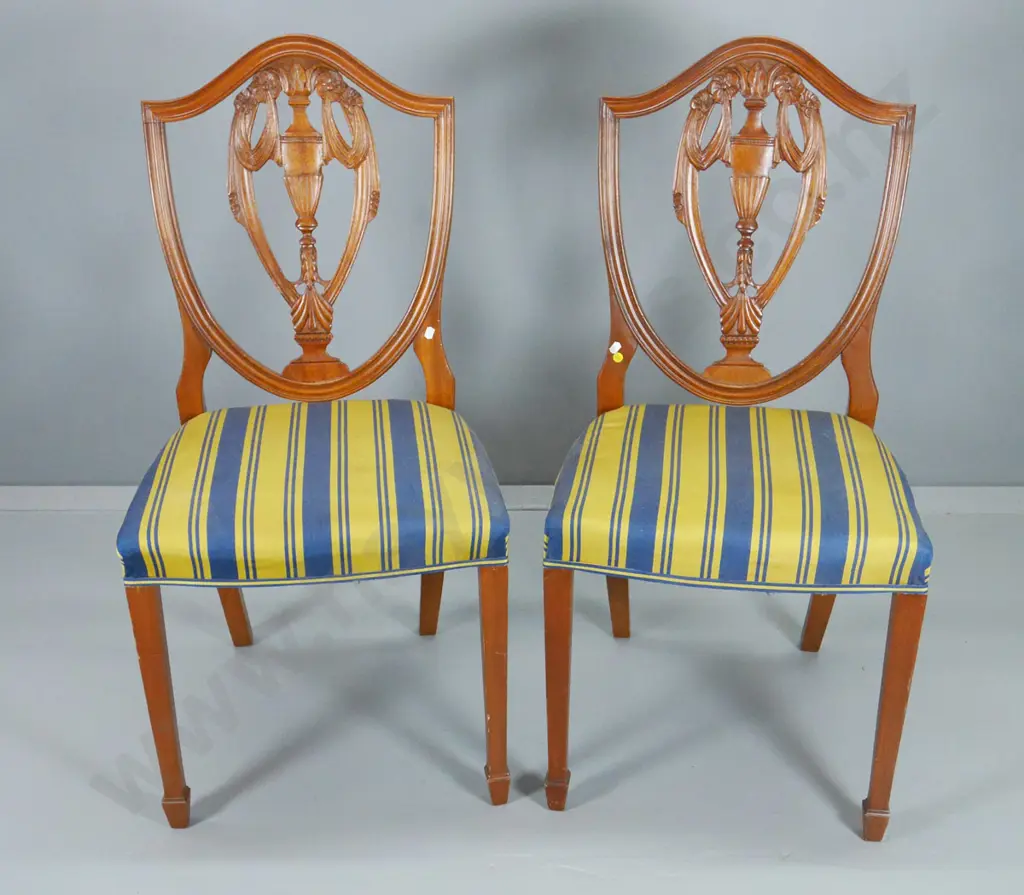 pair of mahogany reproduction Regency style dining chairs w/ striped satin seats H-970 W-440 D-440 Image 1++