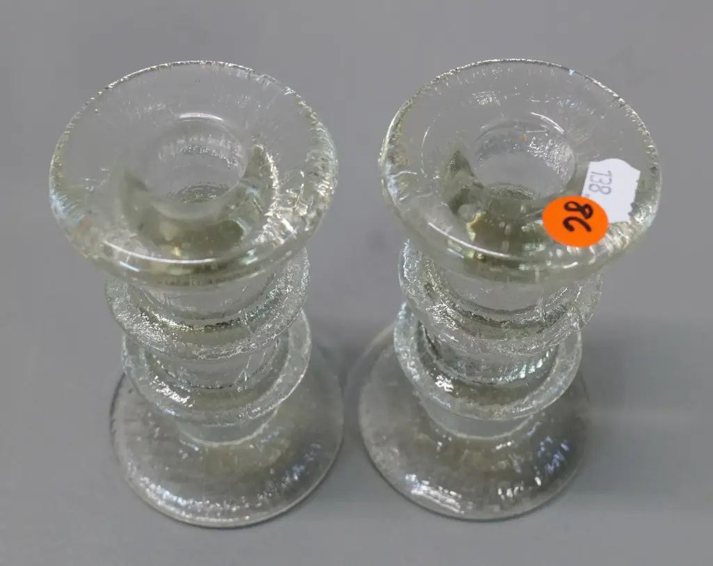 pair of retro clear glass candlesticks by Timo Sarpaneva, Finland H-120 Image 1++