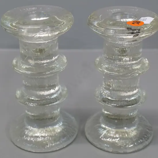 pair of retro clear glass candlesticks by Timo Sarpaneva, Finland H-120