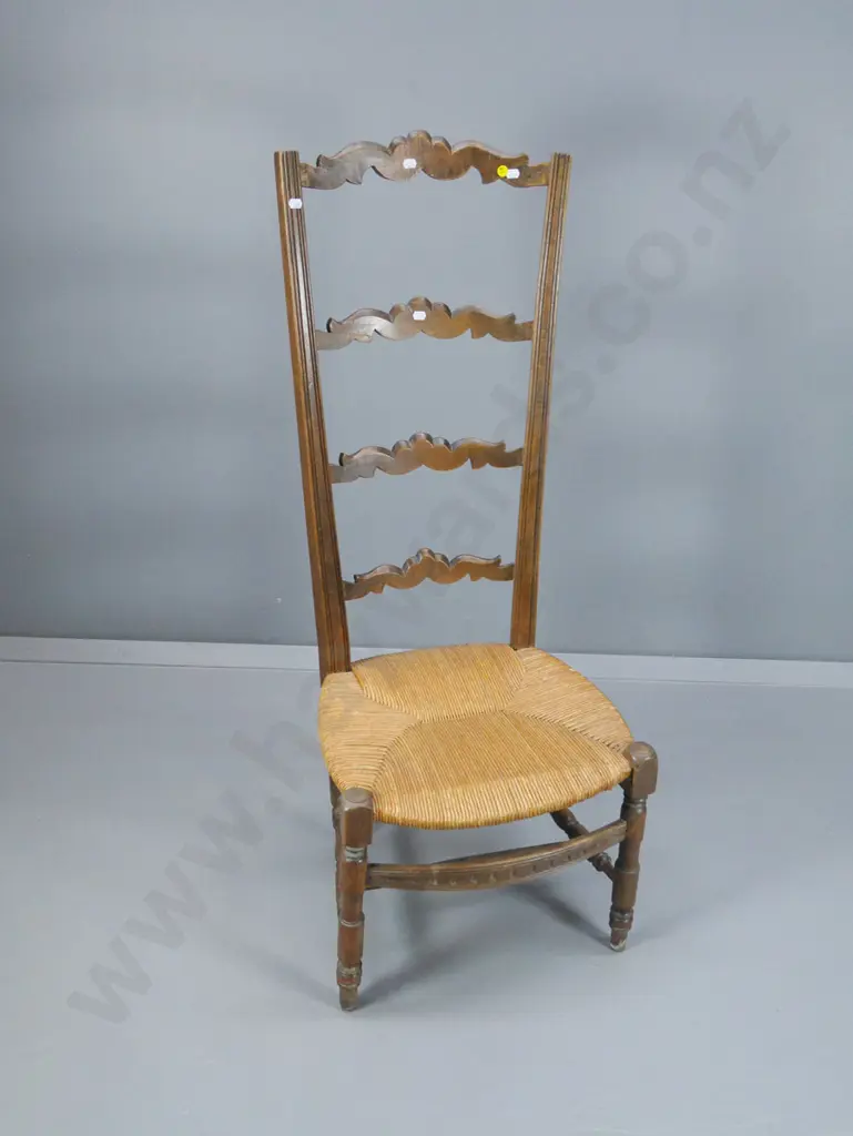 vintage high-back cottage chair with carved ladder back and front rail- missing 2 finials H-1100 W-400 D-430 Image 1++