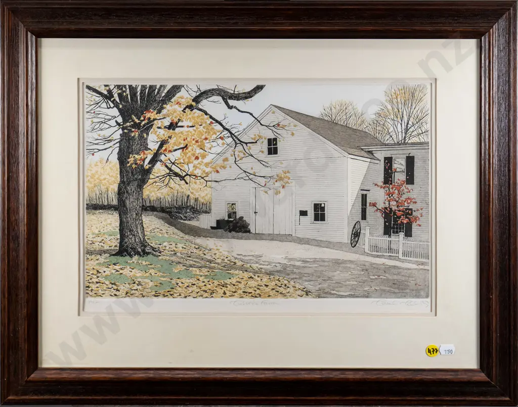 illegible signature 1982 - framed etching - farmhouse H-240 W-400 Image 1++