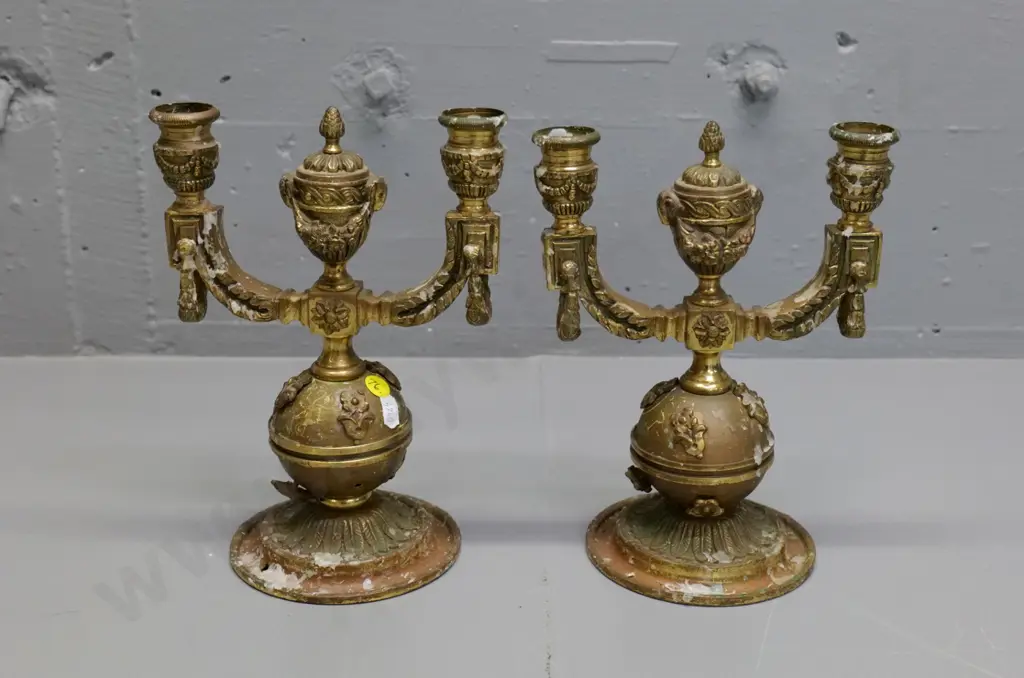 pair of ornate cast brass twin candle holders with urn centres - candle wax residue - each H-230 W-170 Image 1++