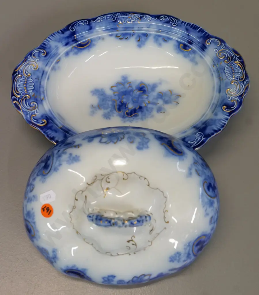 Alfred Meakin flow blue oval lidded serving dish H-170 L-270 Image 1++