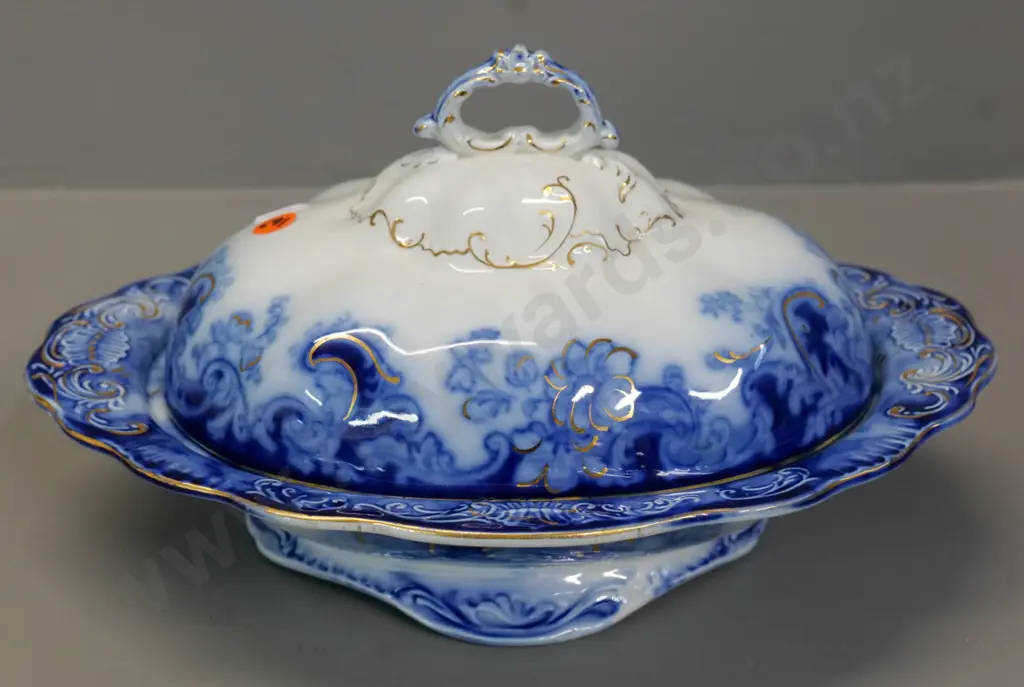Alfred Meakin flow blue oval lidded serving dish H-170 L-270 Image 1++