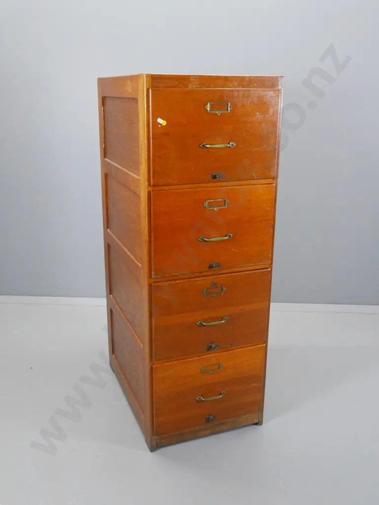 vintage oak 4-drawer filing cabinet with brass handles and label holders - marks to finish H-1340 W480 D700 Image 1++