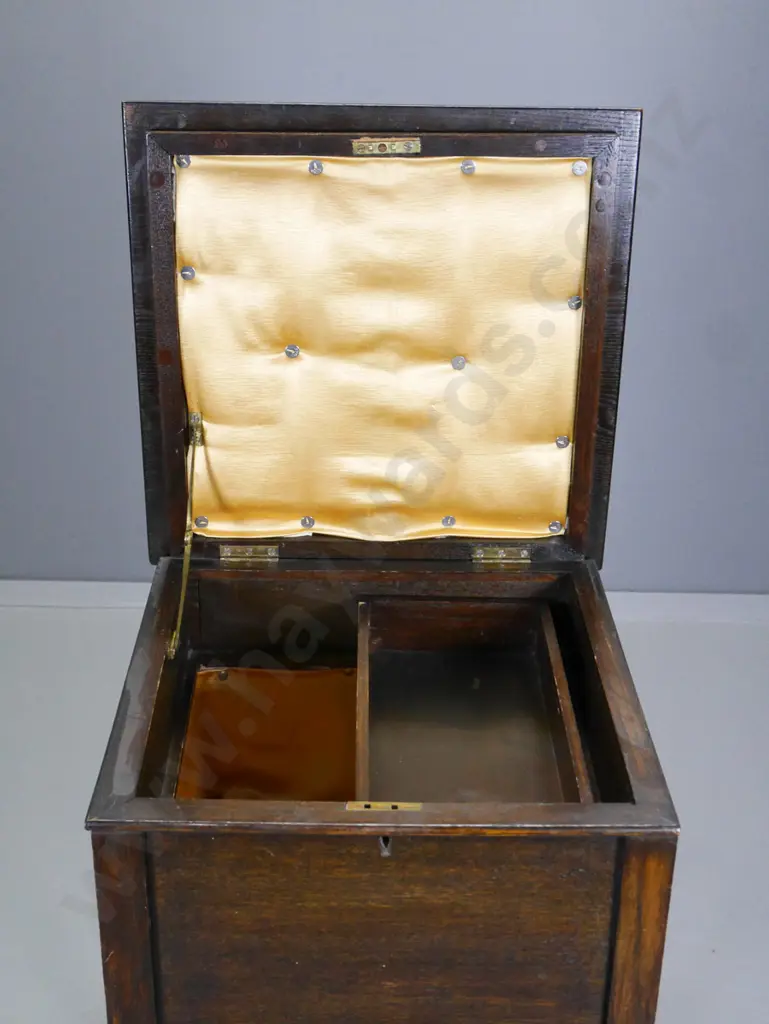 dark stained oak lift-top satin lined work/sewing box with barley twist legs, top is warped H-840 W-400 D-400 Image 1++