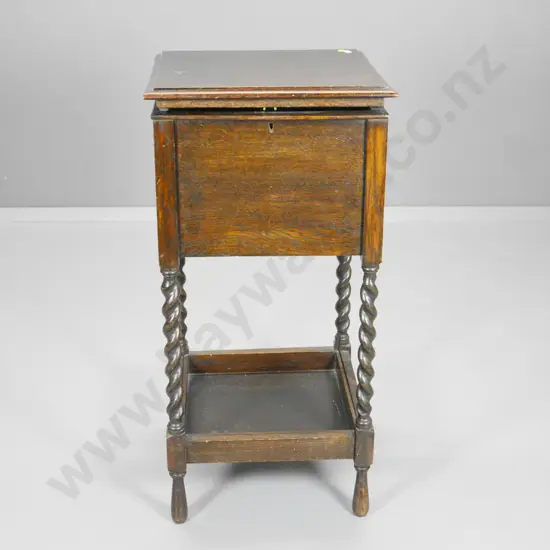 dark stained oak lift-top satin lined work/sewing box with barley twist legs, top is warped H-840 W-400 D-400