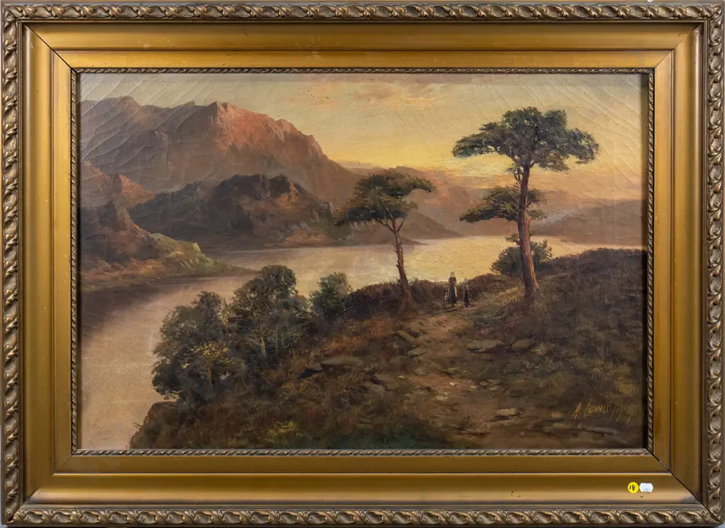 A Lewis 1914 - framed oil on canvas - females walking on path by lake (age damage) H-500 W-750 Image 1++