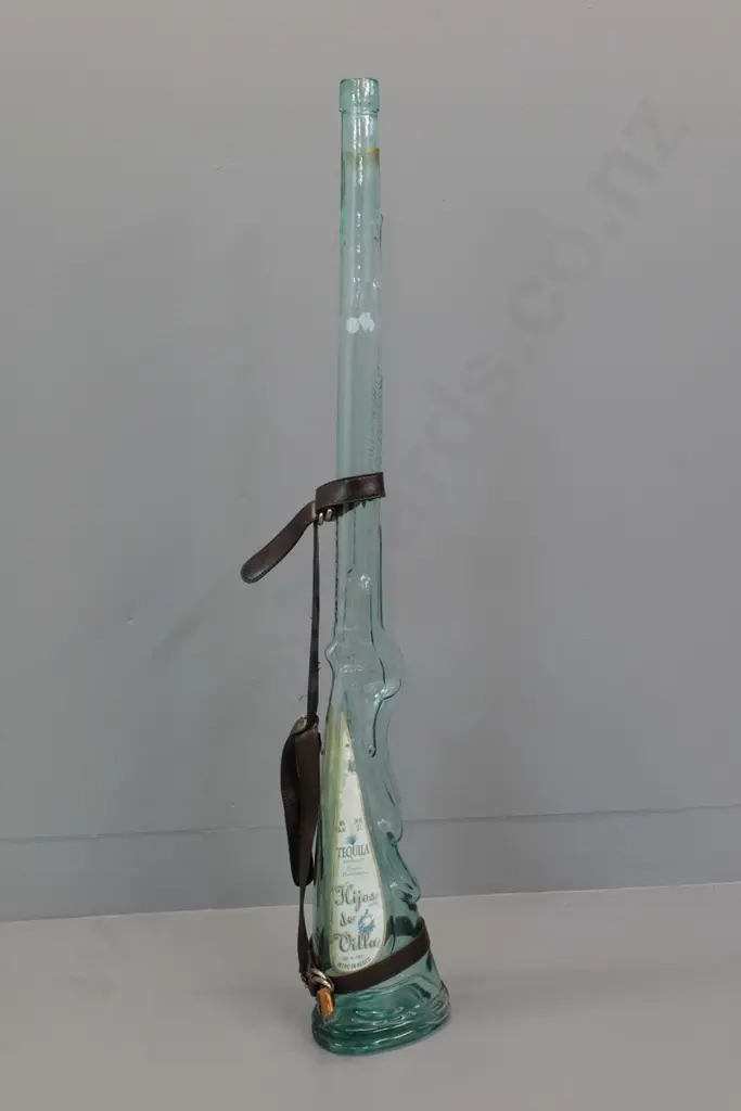 retro large glass rifle-shaped Hijos De Villa Tequila bottle with leather strap L-900 Image 1++