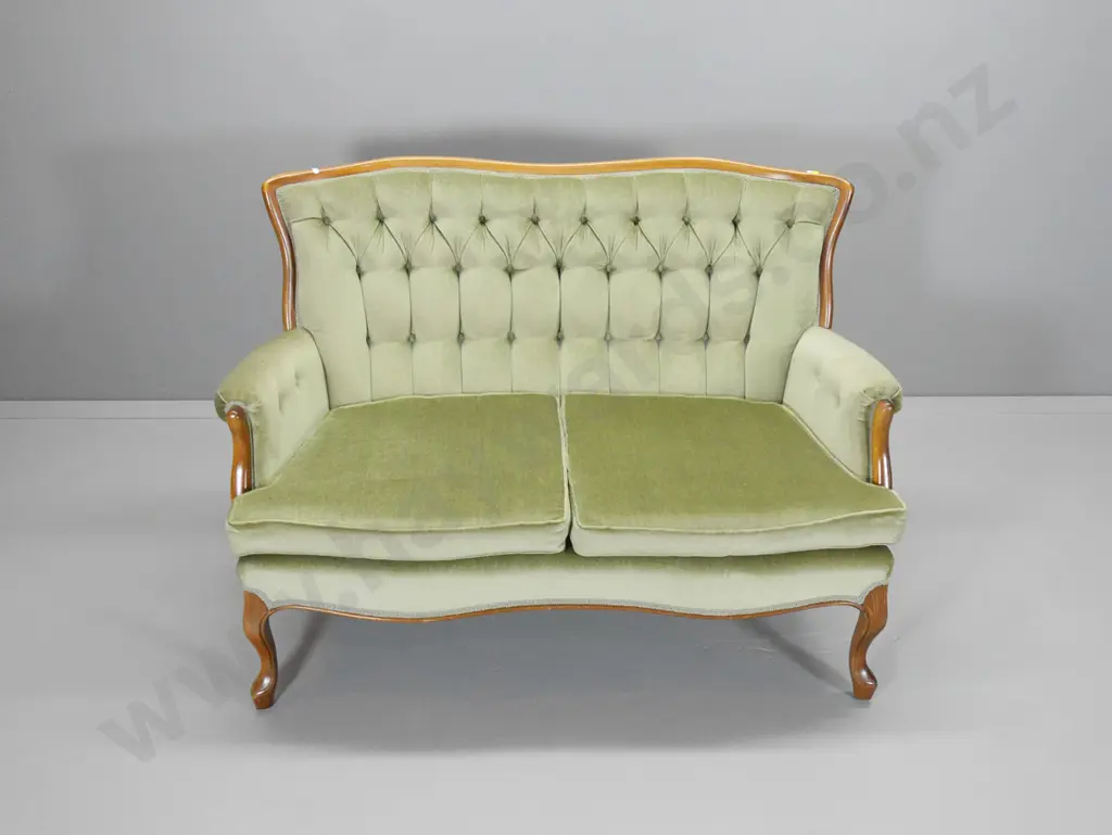 2-seater period style mahogany framed deep-button back settee in light green velvet - H-860 W-1230 D-600 Image 1++