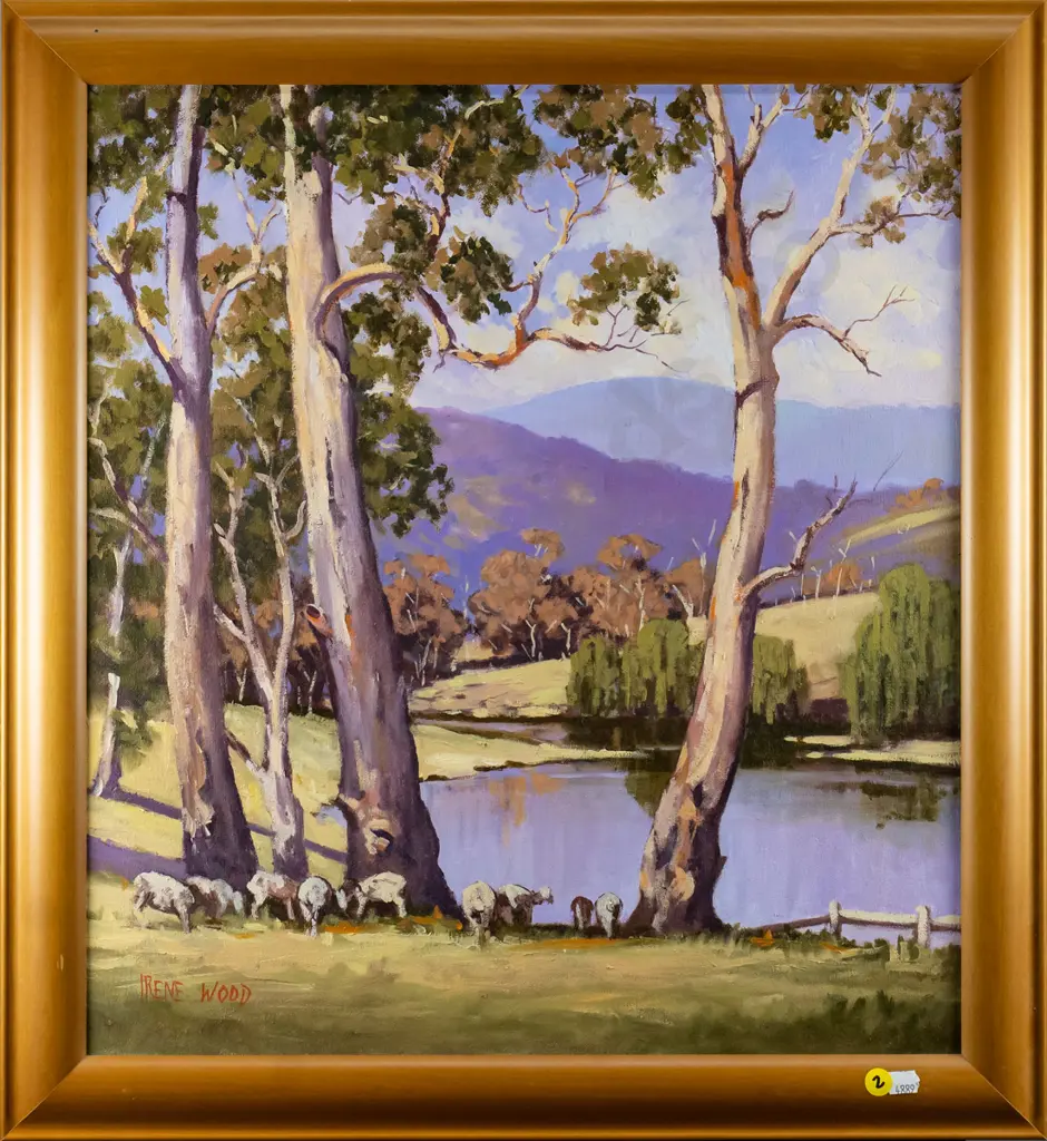 Irene Wood - framed oil - sheep grazing H-500 W-440 Image 1++