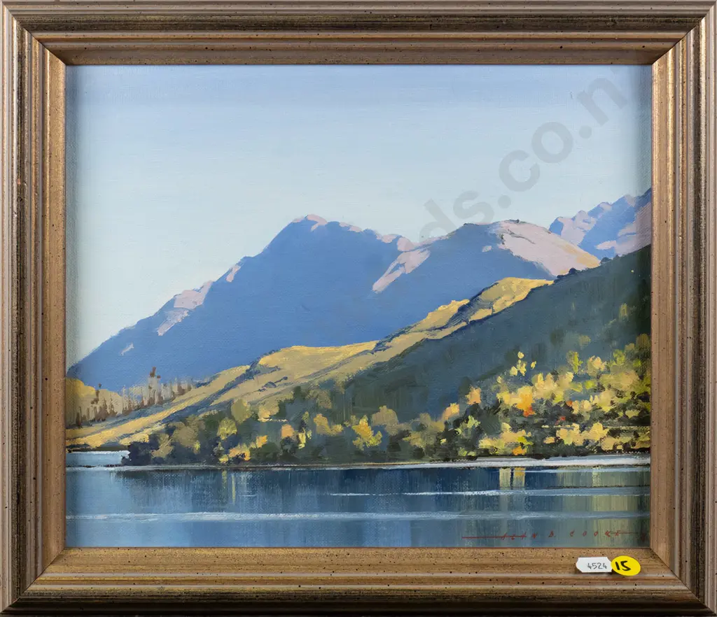 Alan D Cooke 1974 - framed oil  "Calm Morning, Wilson Bay, Lake Wakatipu" H-240 W-300 Image 1++