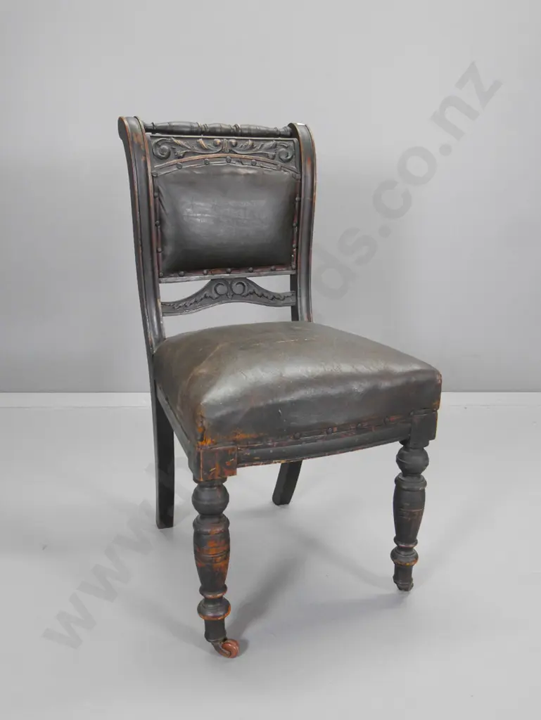 vintage dining chair with carved and turned back, studded leather seat & back, porcelain casters. Wear H910 W460 D430 Image 1++
