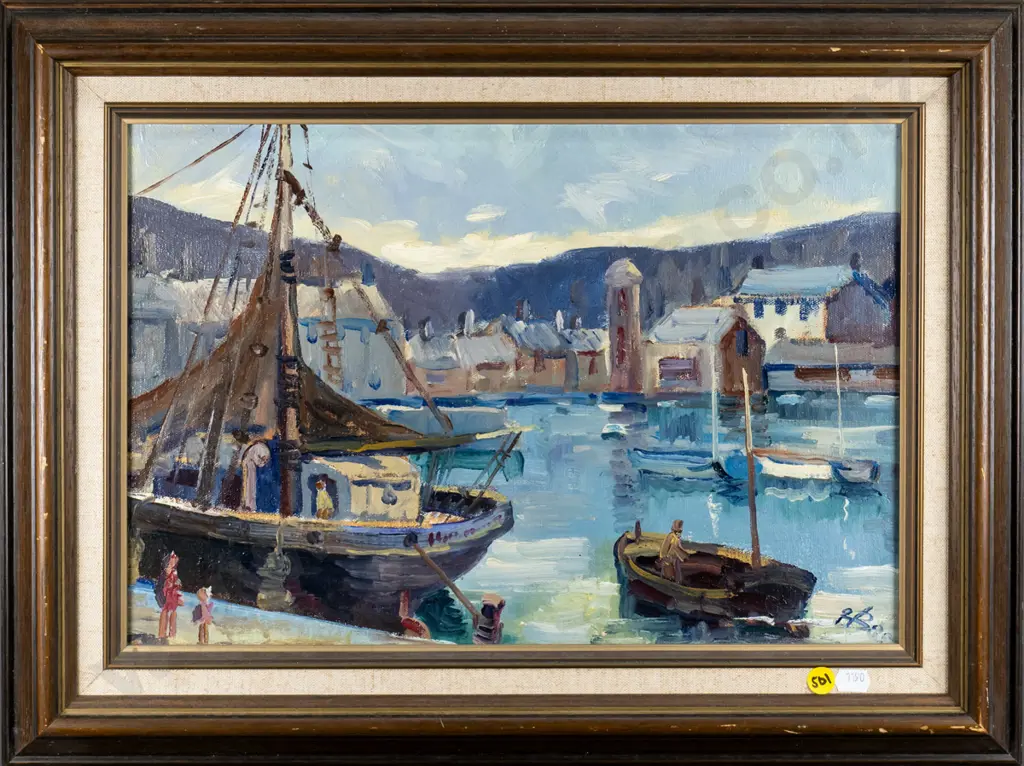 illegible signature - framed oil - harbour scene  (some scratching to frame) H-260 W-390 Image 1++