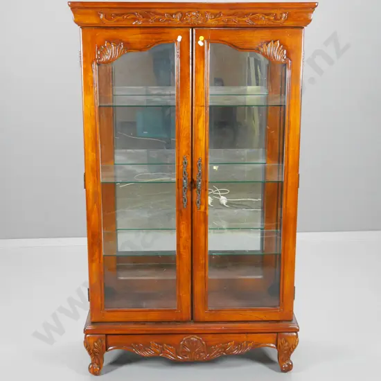 reproduction mahogany carved front 2-door display cabinet w/ 4 adjustable glass shelves, key H1350 W810 D370