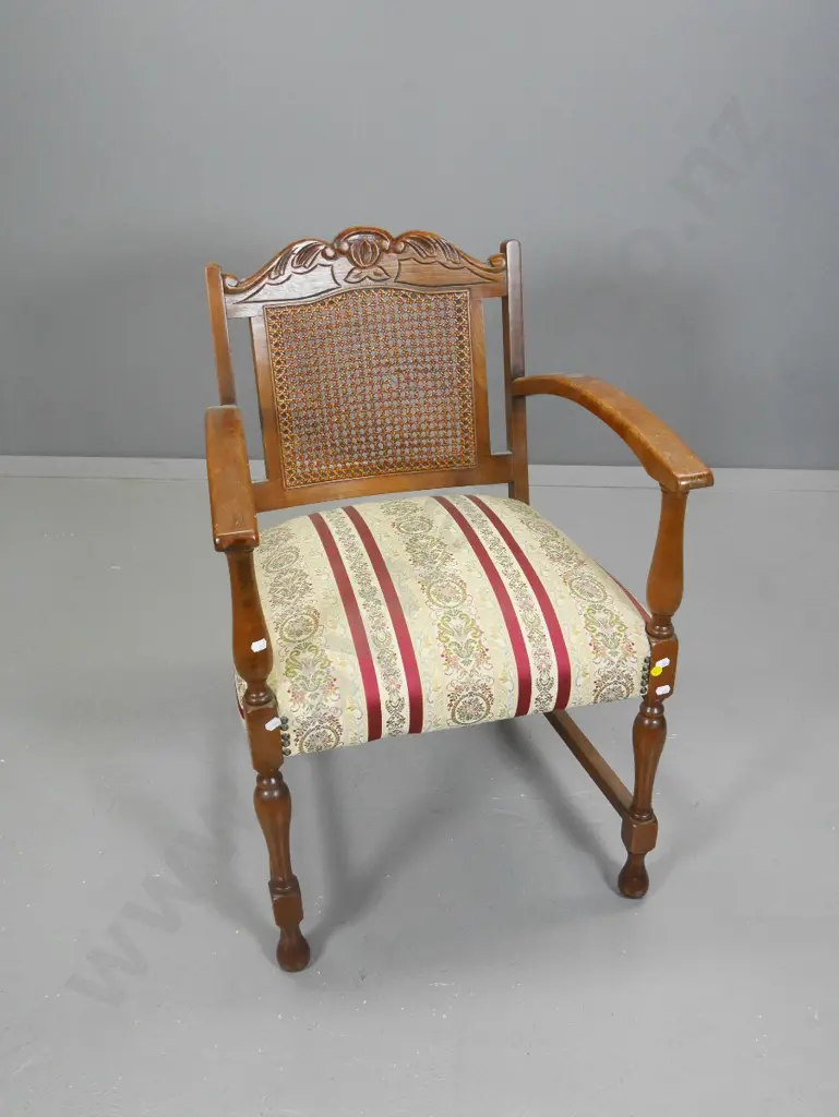 deco occasional chair, carved back with bergere cane panel, damask upholstered seat H790 W530 D530 Image 1++