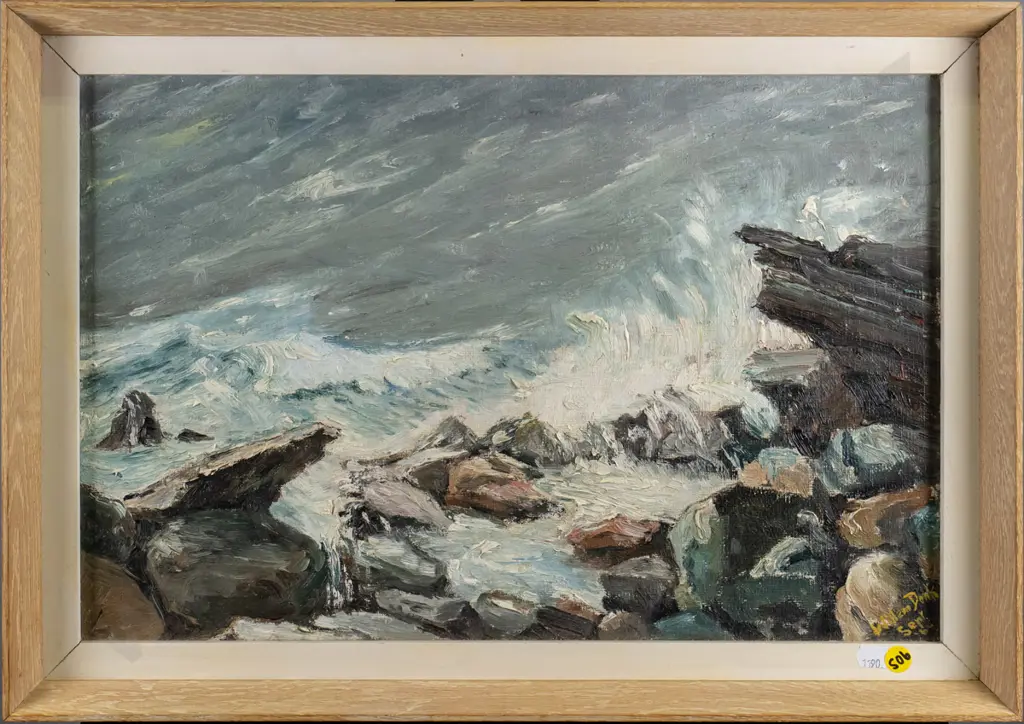 illegible signature - framed oil - coastal scene H-300 W-440 Image 1++