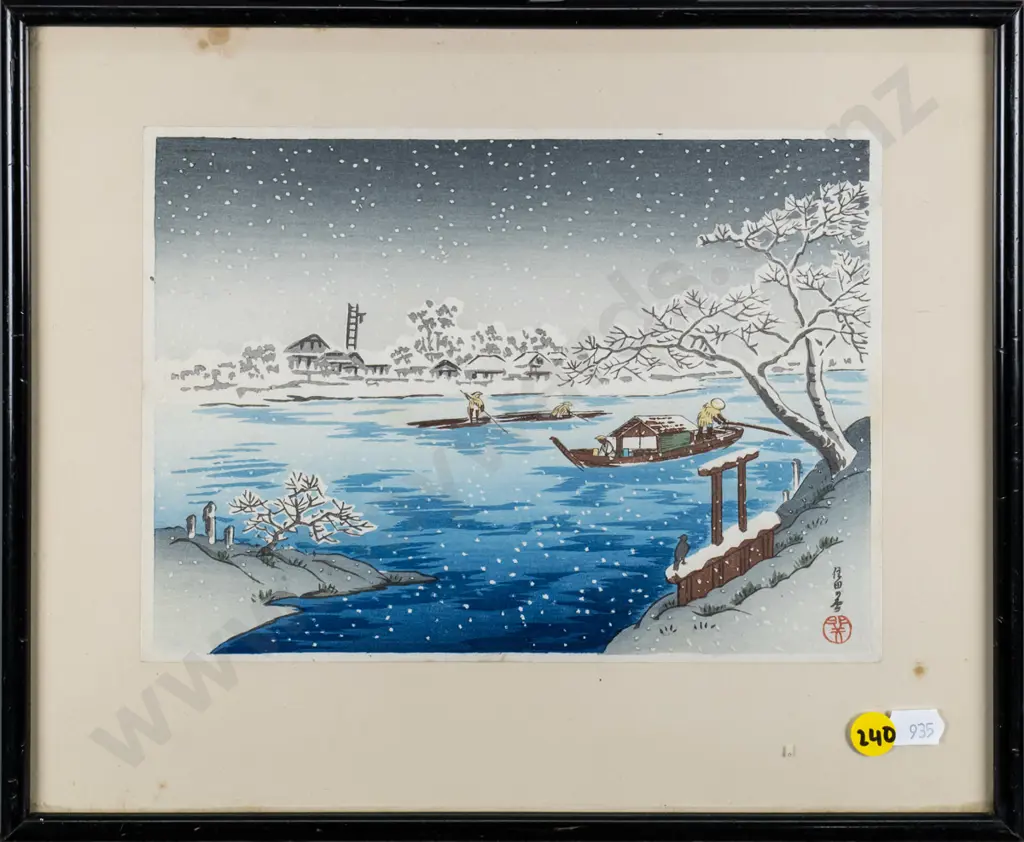 framed Japanese print - winter scene (some foxing to surround) H-160 W-220 Image 1++
