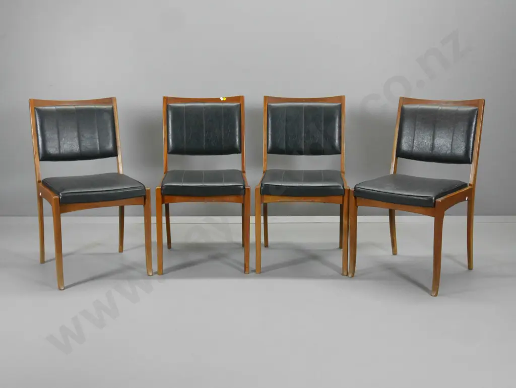 4 mid-century mahogany dining chairs with black leather seat & back, some movement in frames, polish wear H850 W450 D430 Image 1++