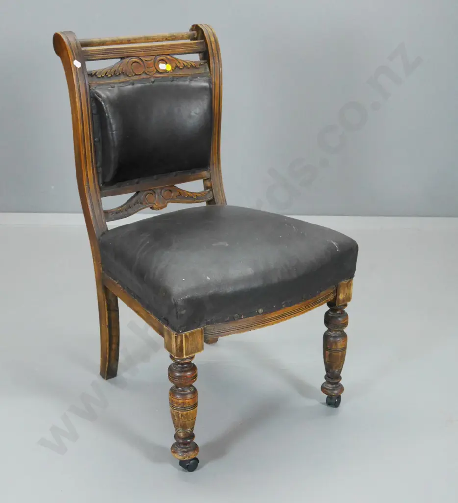 Edwardian black leather upholstered cut down dining chair on casters H-850 W-410 D-475 Image 1++