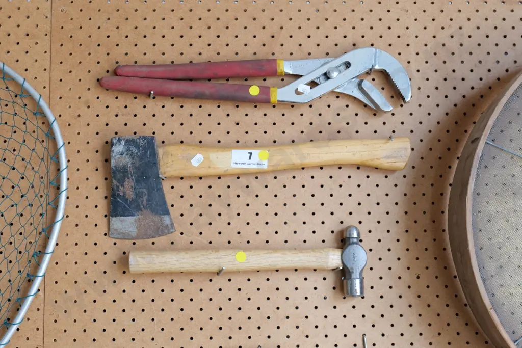 plumber's wrench, ball peen hammer, hatchet - yellow dots Image 1++