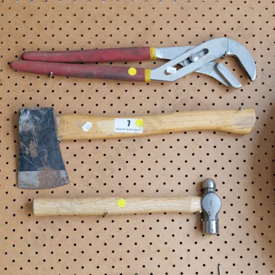plumber's wrench, ball peen hammer, hatchet - yellow dots