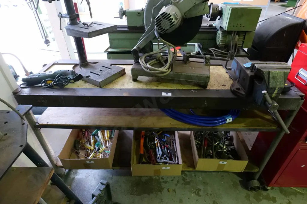 heavy duty homemade work bench on casters with 6" engineers vice. Trolley H-840 W-1570 D-490 Image 1++