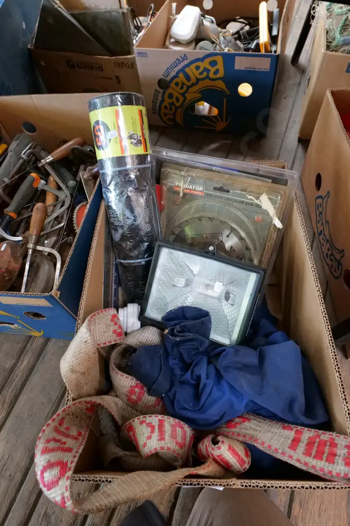 box; overalls, strop, saw blades etc Image 1++