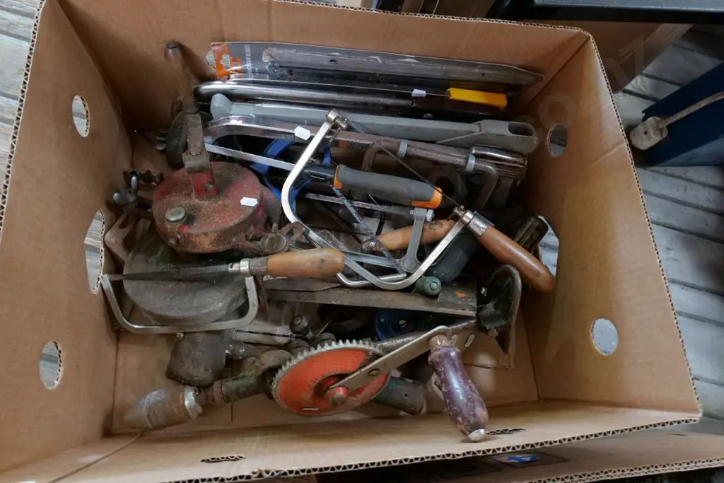 box; hacksaws, egg beater drills, hand operated sharpener etc Image 1++