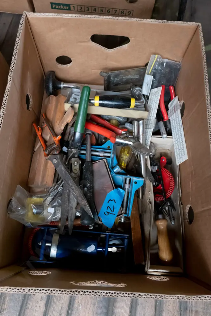 box of diy allsorts; moulding plane, foot pump, egg beater drill etc Image 1++