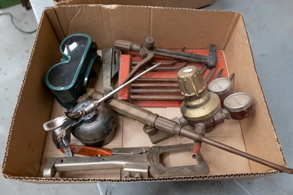 box of welding supplies; torches, goggles etc Image 1++