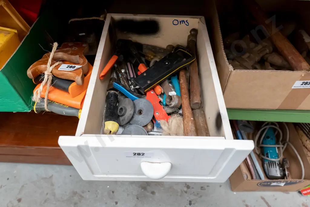 drawer and contents; scales, ball peen hammers, pot riveter etc Image 1++