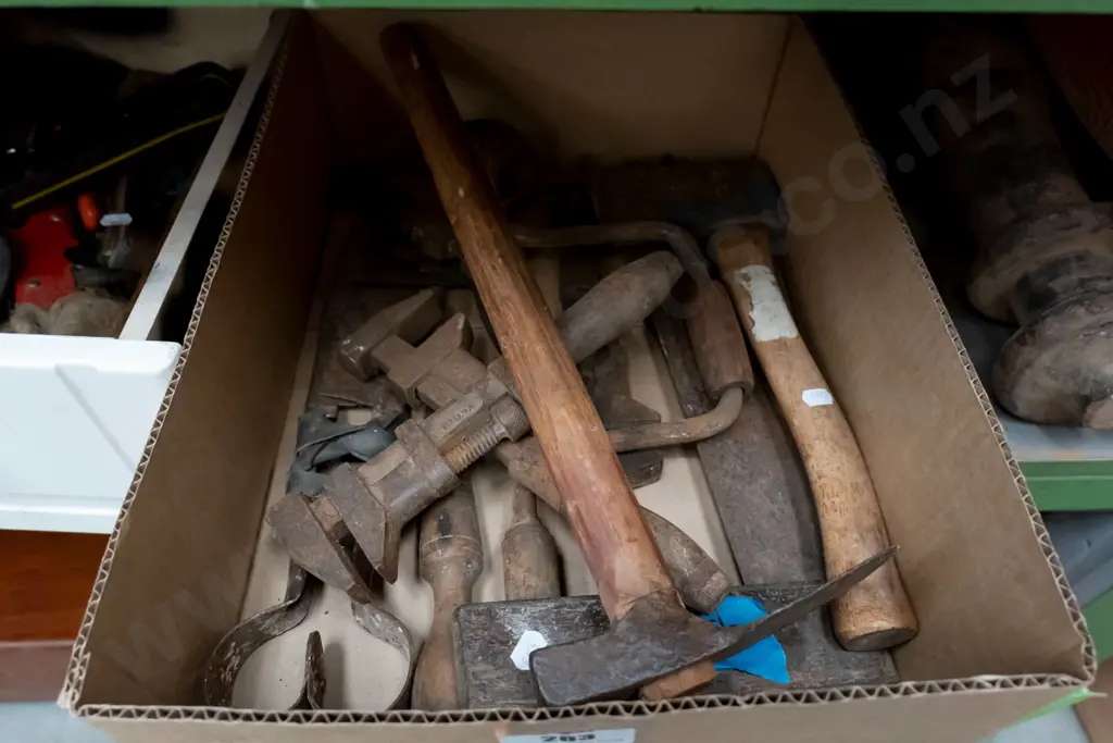 box; hand held grubber, axe, stilsons etc Image 1++