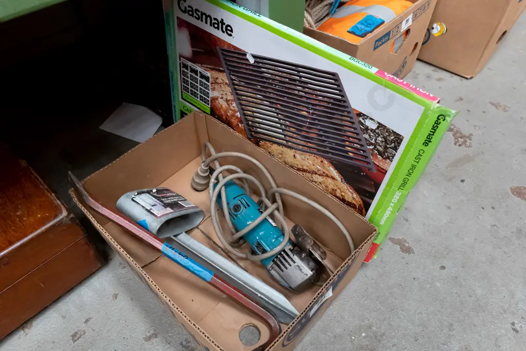 box; small wrecking bar, angle grinder, steel fencing spike, cast iron grill Image 1++