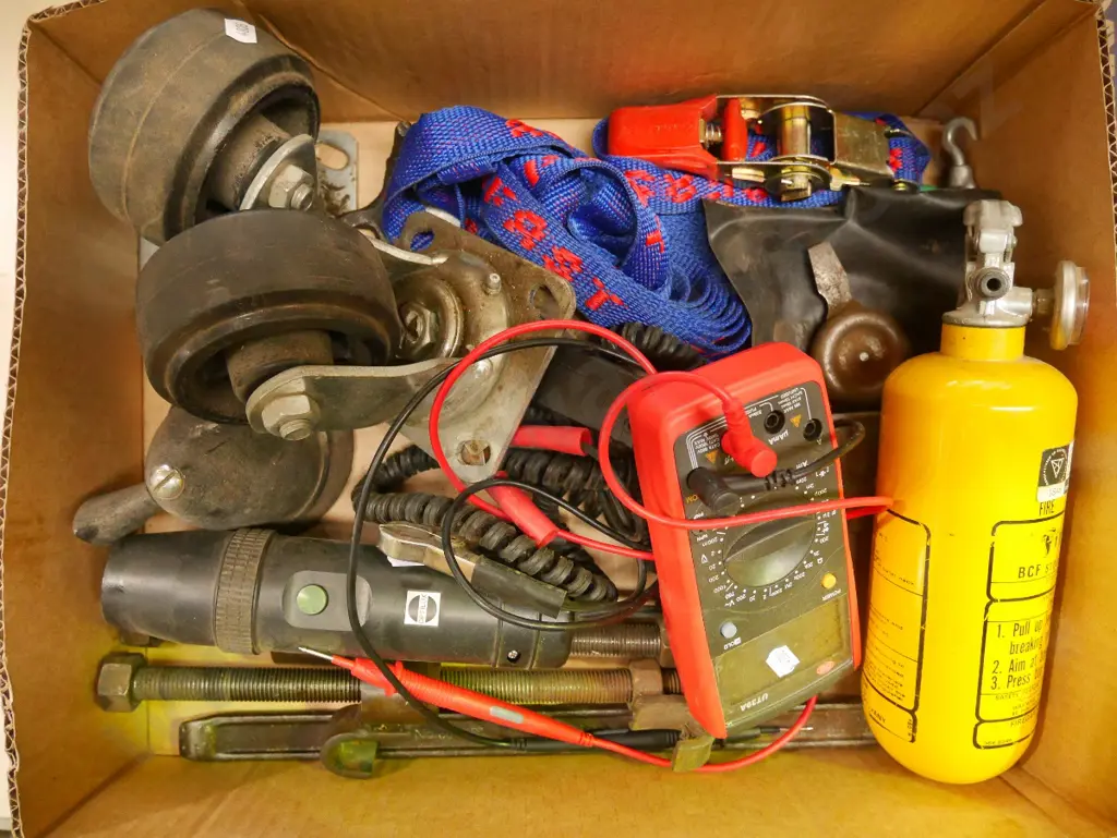 box; casters, tie downs, electrical tester etc Image 1++