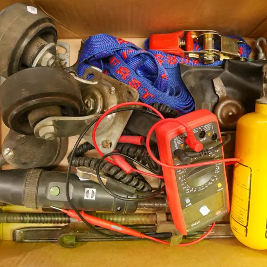 box; casters, tie downs, electrical tester etc