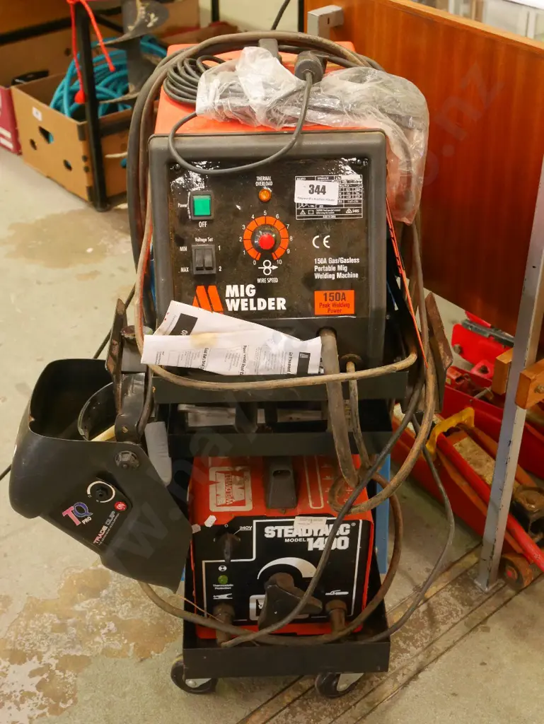 welder station on caster, includes includes Mechpro mig welder and Steadyarc 1400 arc welder, mask etc Image 1++