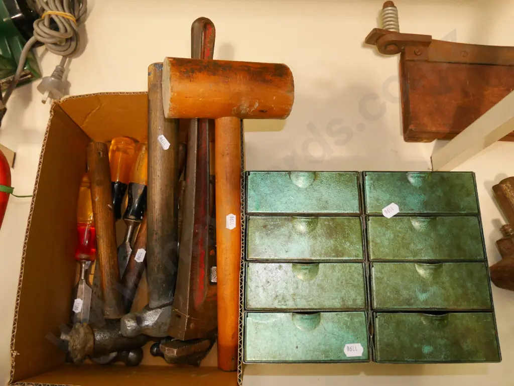 box; screwdrivers, hammers, small chest of drawers with sundry items Image 1++