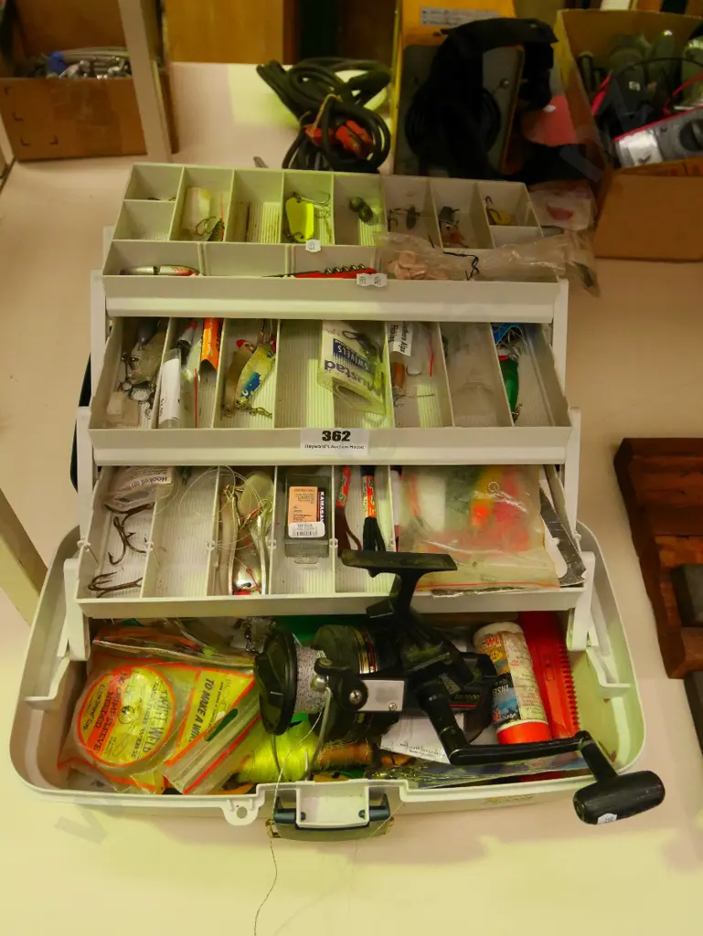 tackle box and contents; lures, reel etc Image 1++