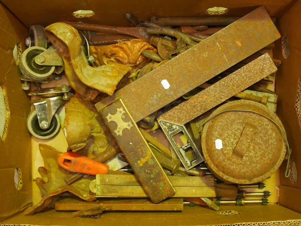 box; cast iron claw and ball foot legs, builder's squares, rule etc Image 1++