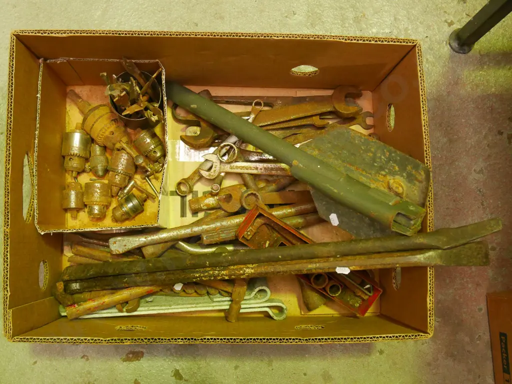 box; trenching shovel, wrecking bars, spanners etc Image 1++