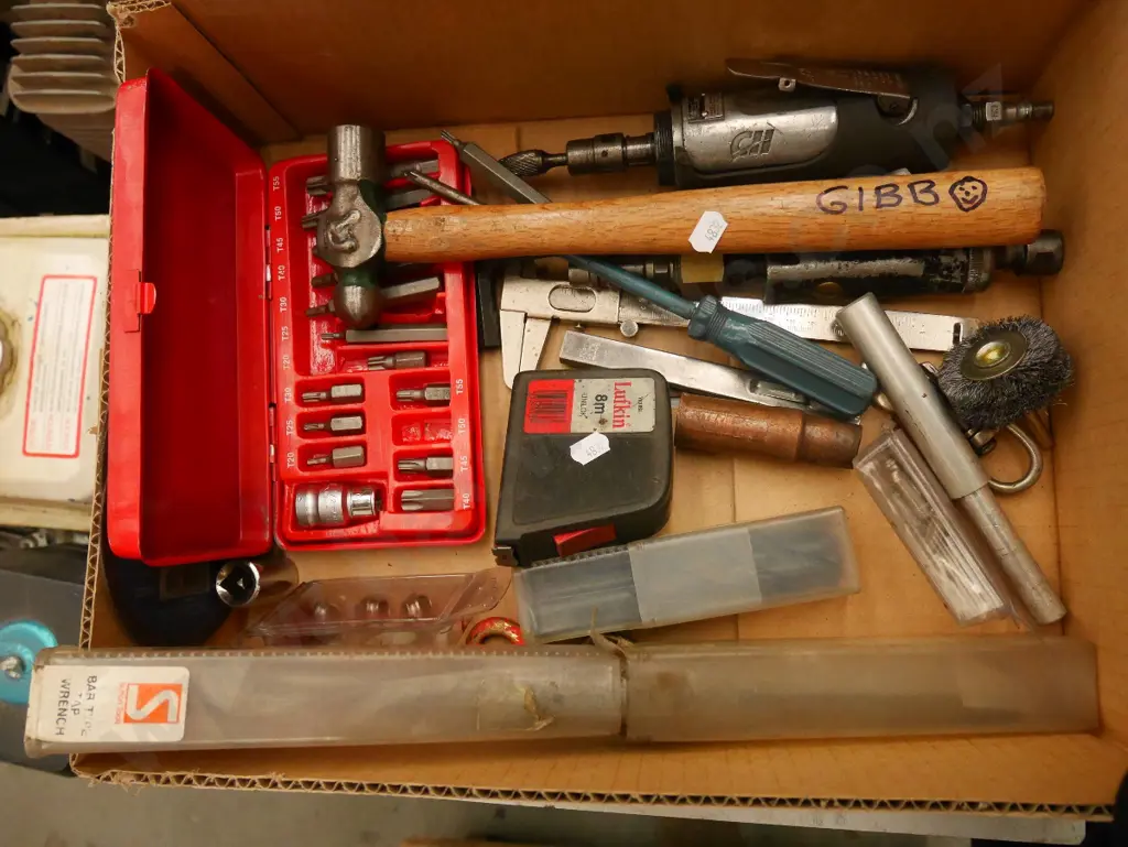box; air powered tools, ball peen hammer, micrometer etc Image 1++