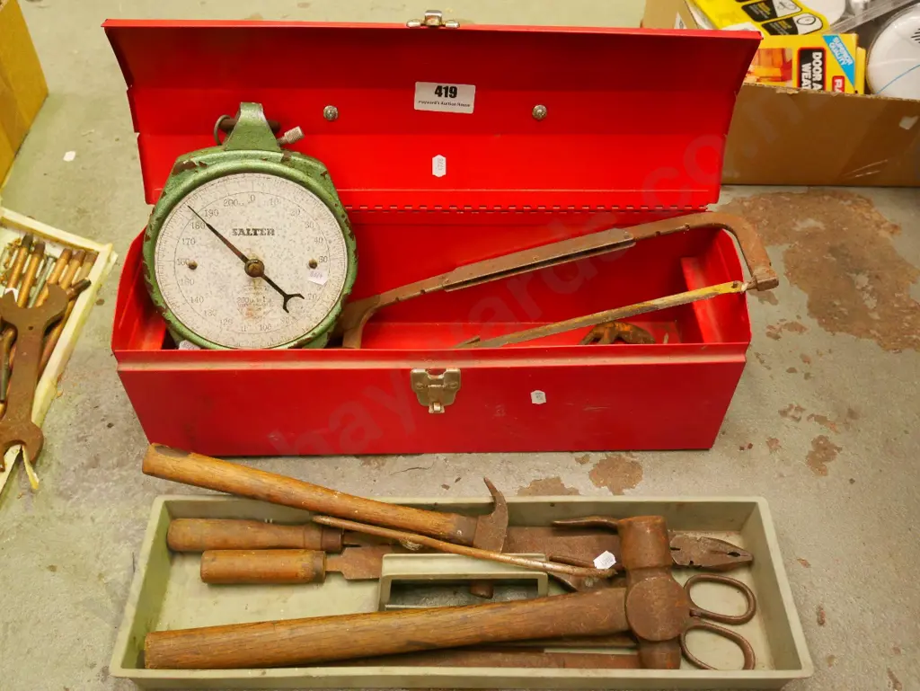 tool box; ball peen hammer, spring scales, hack saw etc Image 1++