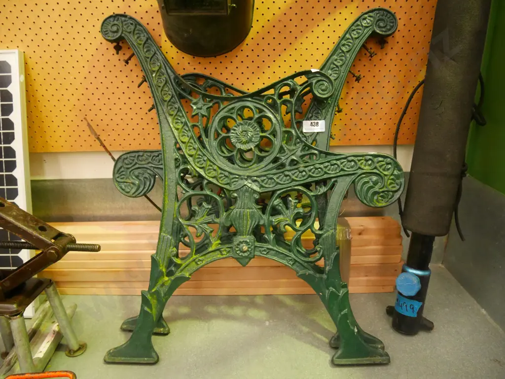 green painted cast iron garden bench seat ends with wooden slats - needs to be assembled Image 1++