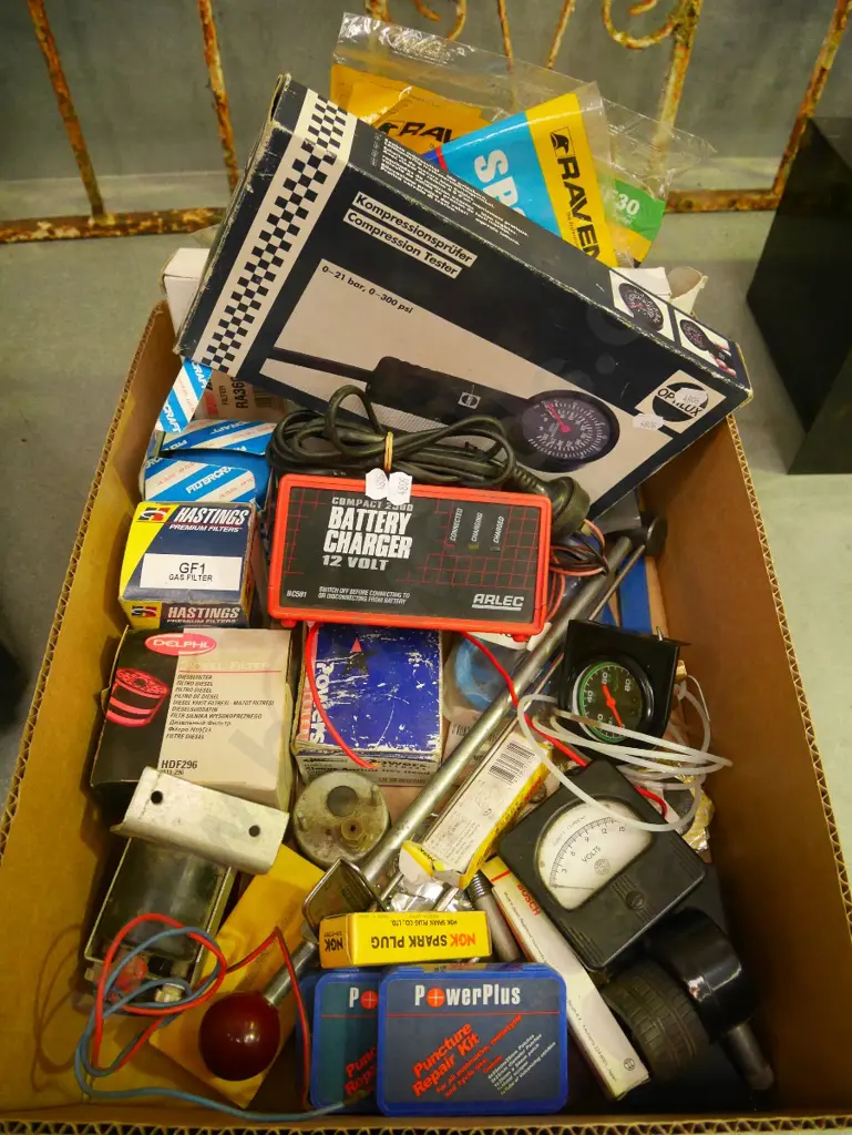 box of automobile allsorts; battery charger, dials etc Image 1++