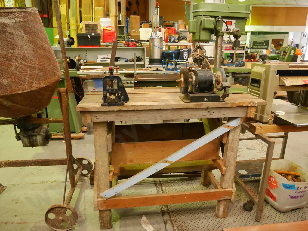 home made wooden work bench - pipe holder, small anvil, metal bender, drill press, bench grinder Image 1++